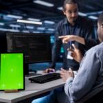 The web development process explained: from concept to launch. multiethnic team using green screen tablet to oversee servers